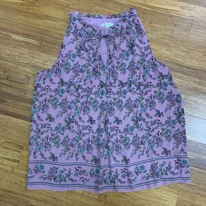 Max Studio Floral Print Tank‎ Top Womens Size Large Purple Ruffle Neck Blouse